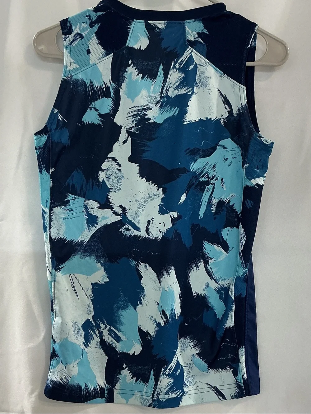 Nike Men’s Navy Tank Top with Light Blue Swoosh and Patterned Side Panels